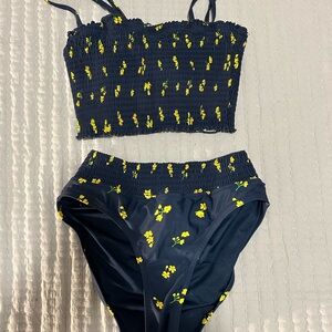 Sperry Navy Yellow Floral Print High Elastic Waistband Swim Suit